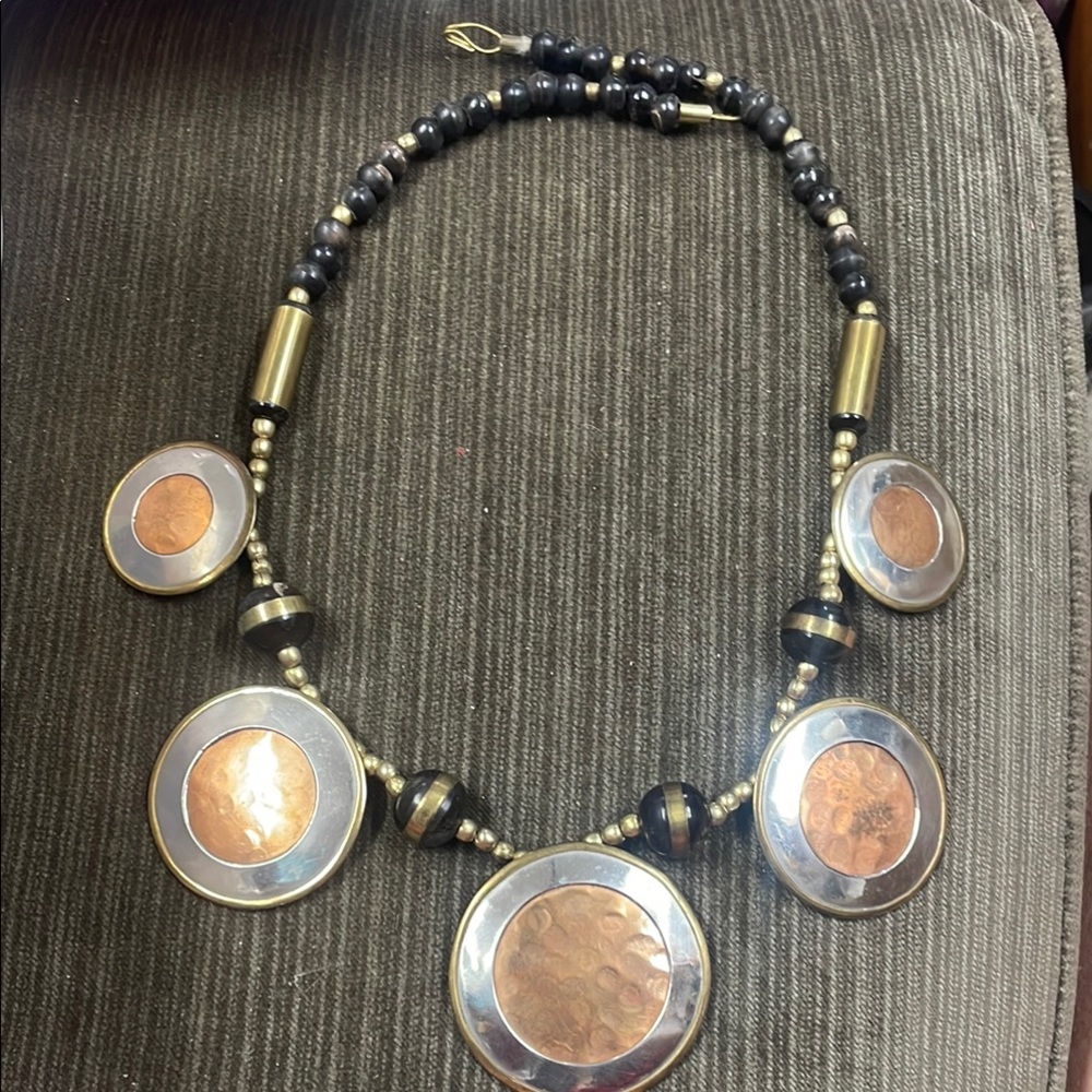 Vintage 1970’s Black Brass Copper Silver Medallion Necklace